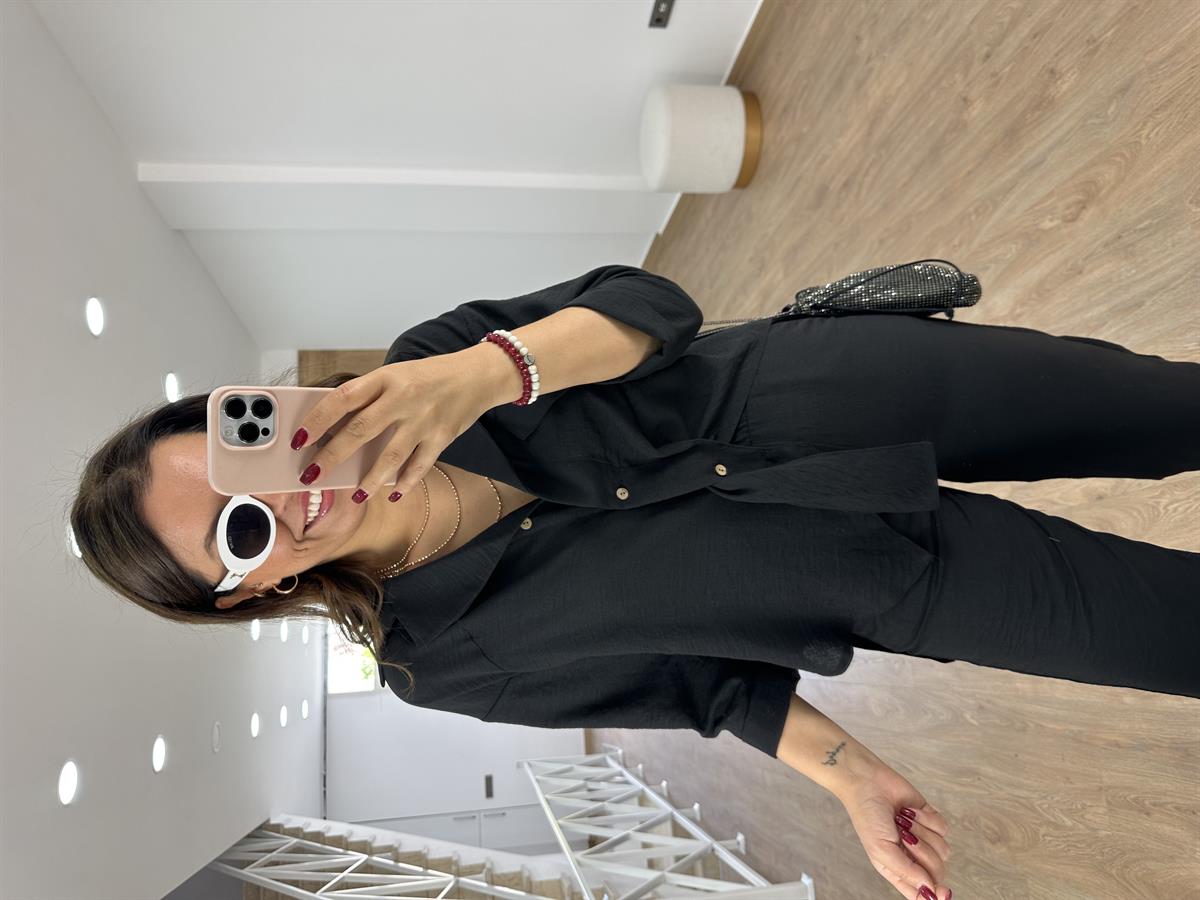 Tasarım Gömlekli Keten Takım-Siyah