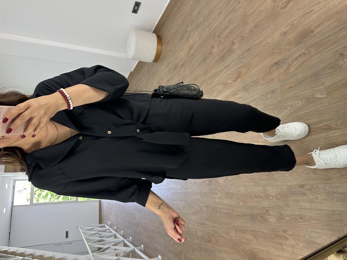 Tasarım Gömlekli Keten Takım-Siyah