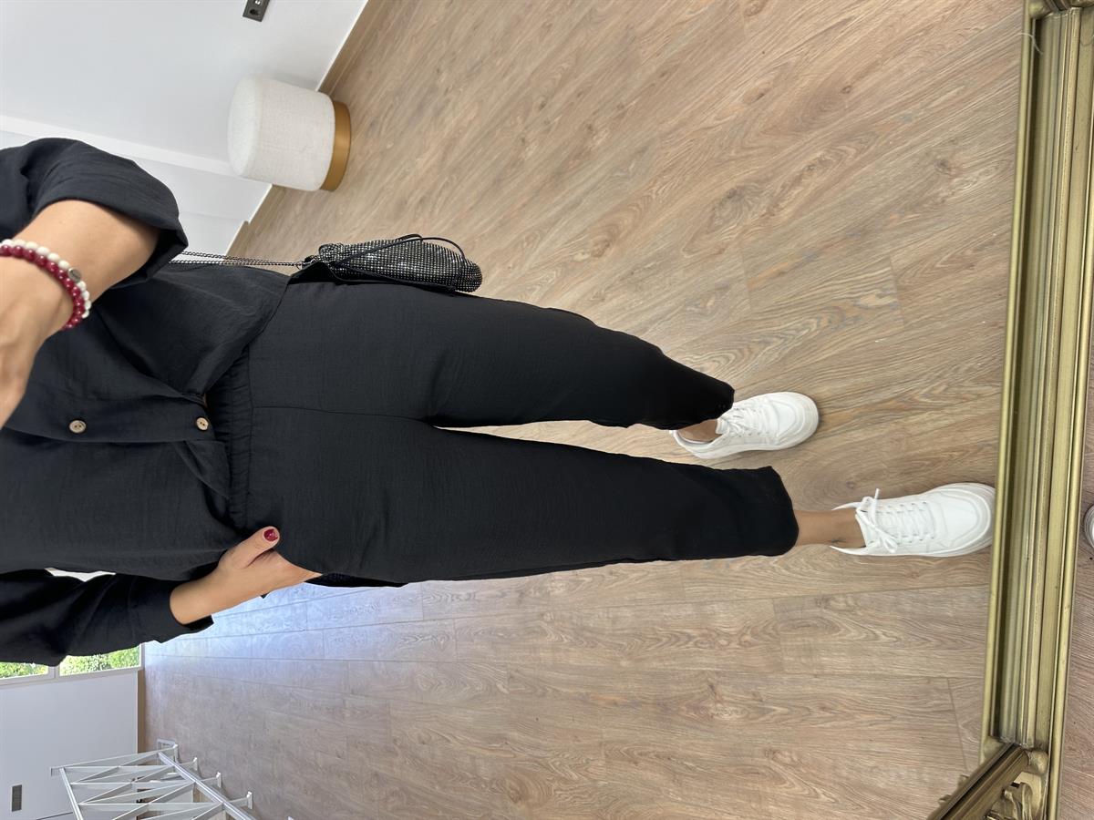 Tasarım Gömlekli Keten Takım-Siyah