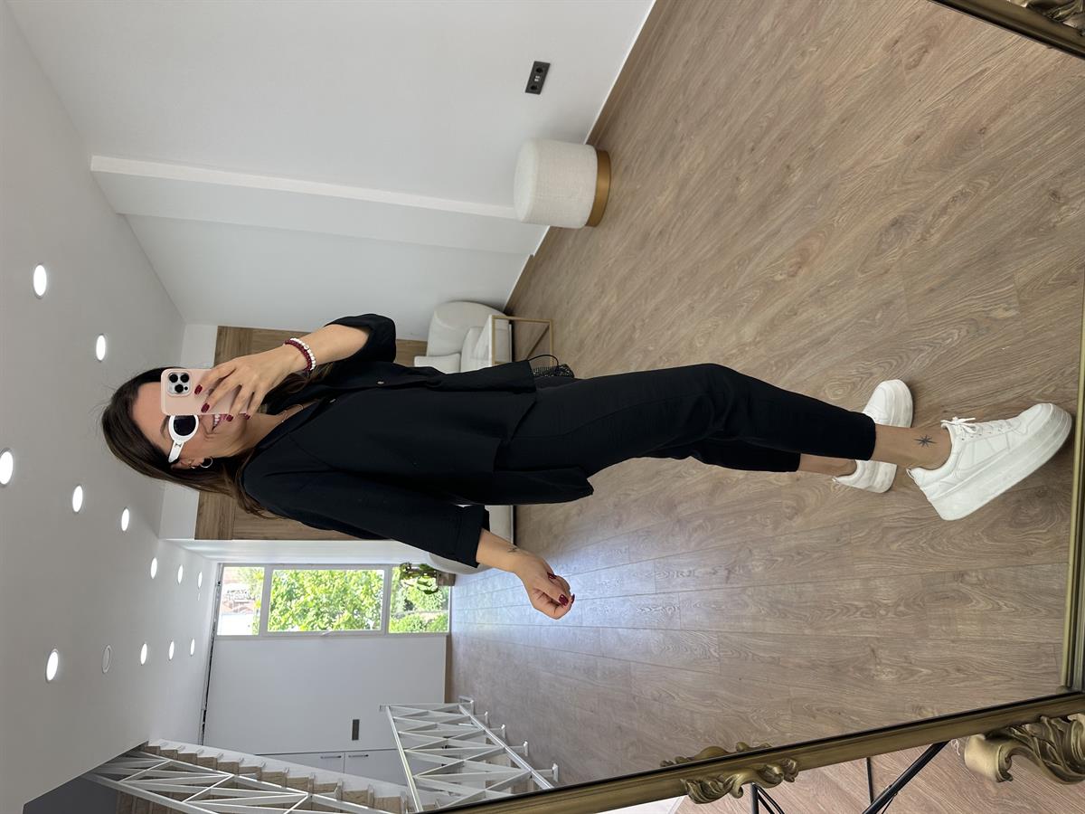 Tasarım Gömlekli Keten Takım-Siyah