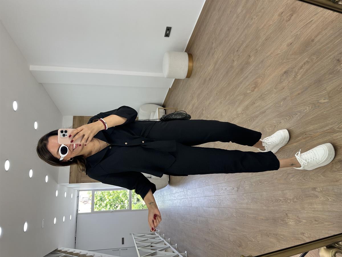 Tasarım Gömlekli Keten Takım-Siyah