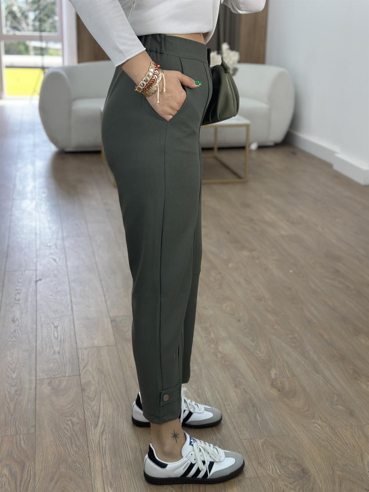 Tasarım Paça Beli Lastikli Likralı Pantolon-Haki