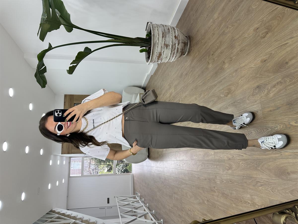 Tasarım Paça Beli Lastikli Likralı Pantolon-Vizon