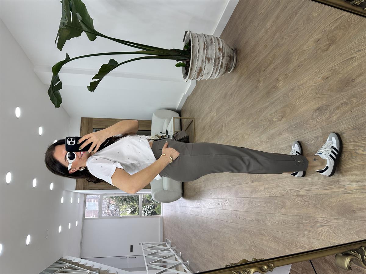 Tasarım Paça Beli Lastikli Likralı Pantolon-Vizon