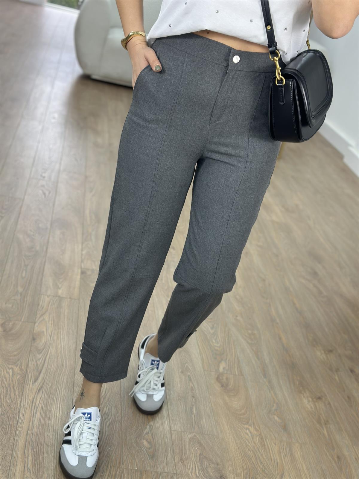 Tasarım Paça Beli Lastikli Likralı Pantolon-Füme