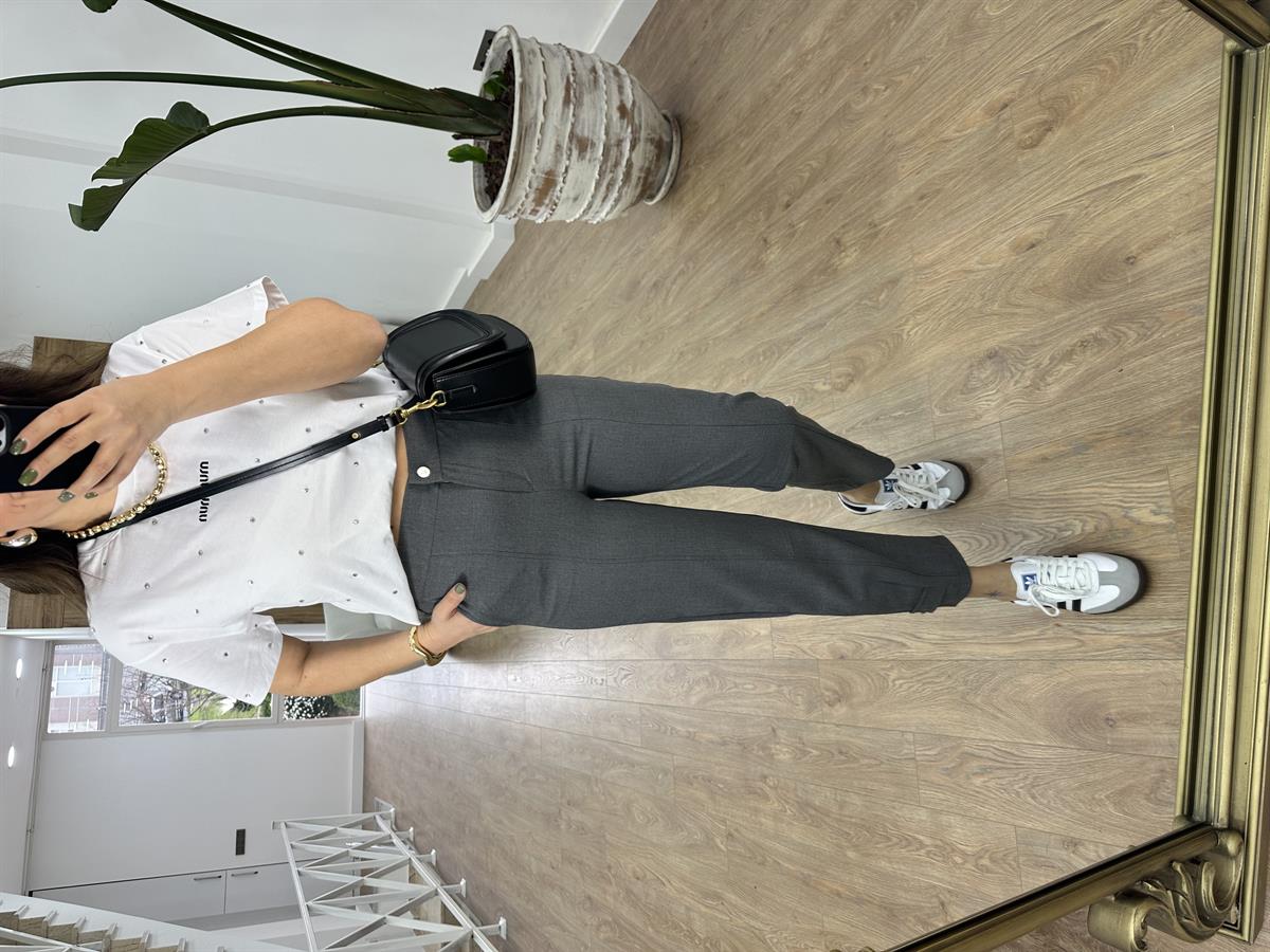 Tasarım Paça Beli Lastikli Likralı Pantolon-Füme