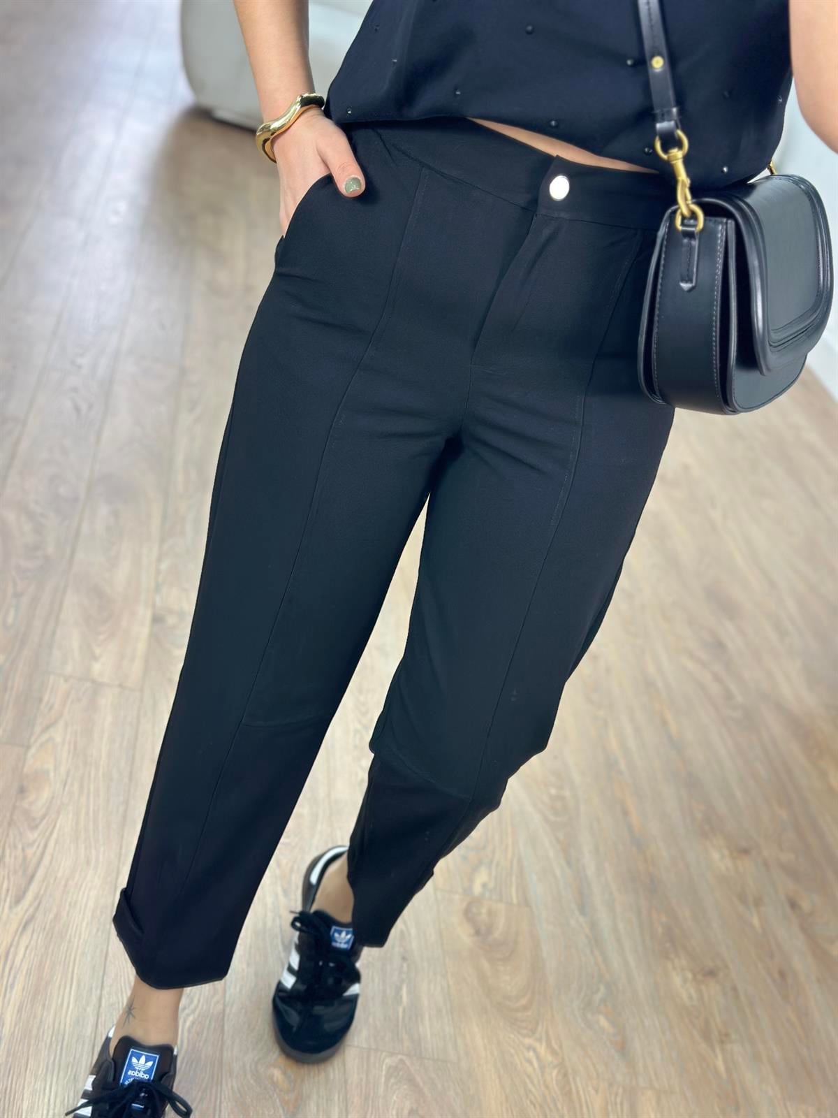 Tasarım Paça Beli Lastikli Likralı Pantolon-Siyah