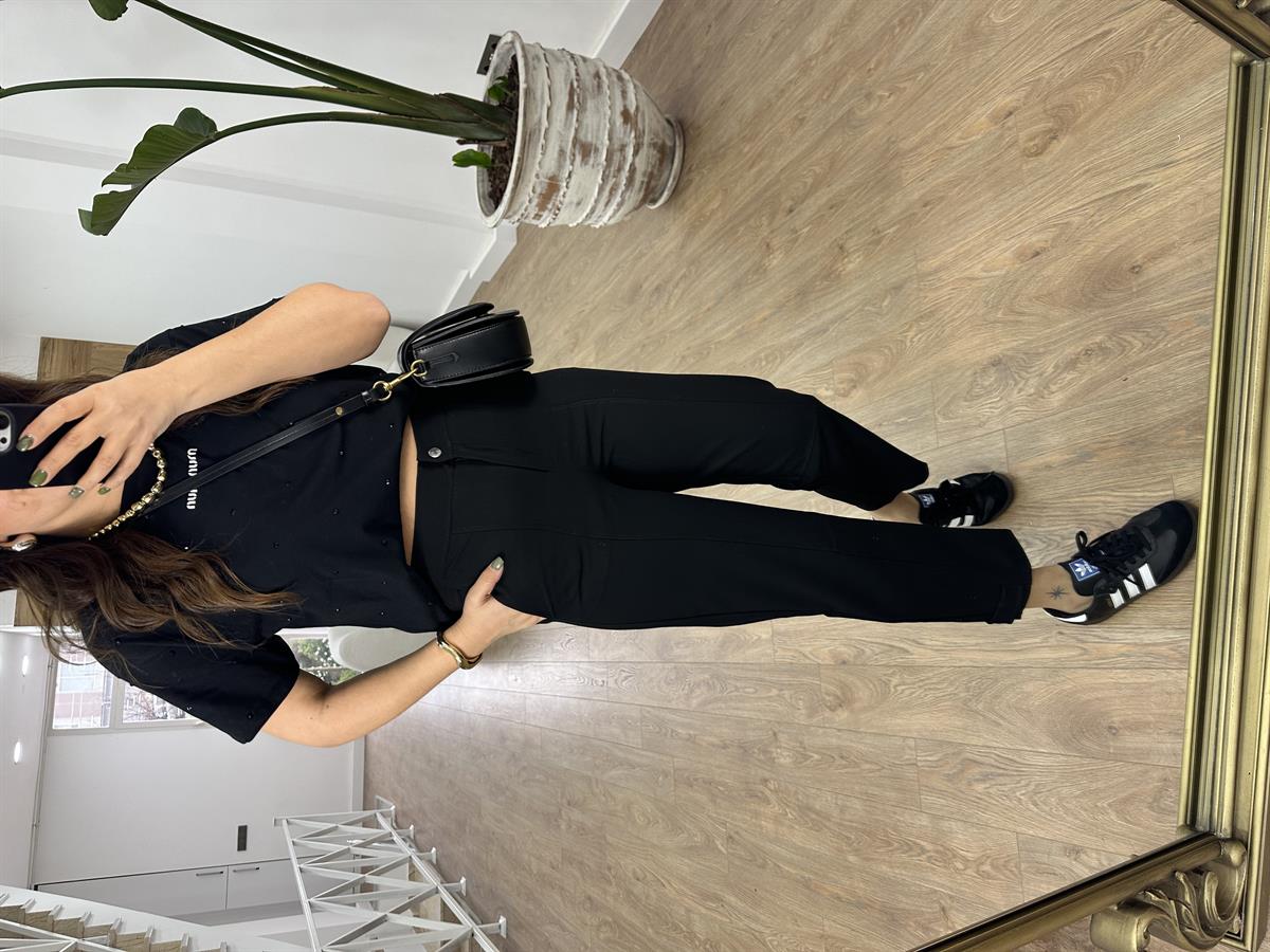 Tasarım Paça Beli Lastikli Likralı Pantolon-Siyah