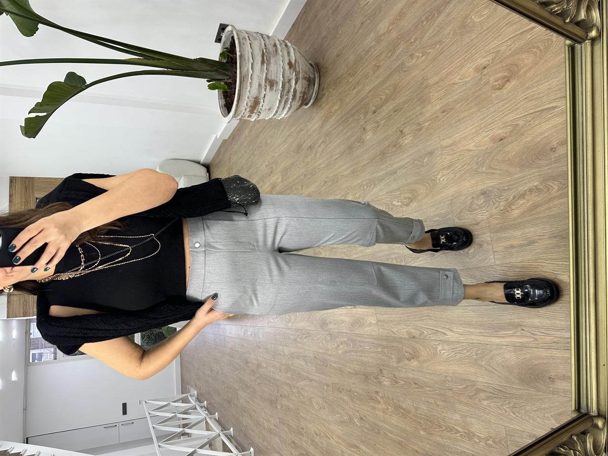 Tasarım Paça Beli Lastikli Likralı Pantolon-Gri