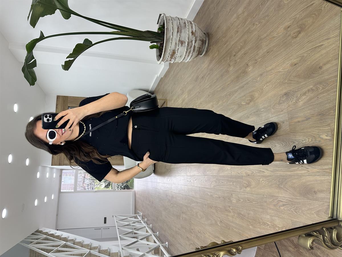 Tasarım Paça Beli Lastikli Likralı Pantolon-Siyah