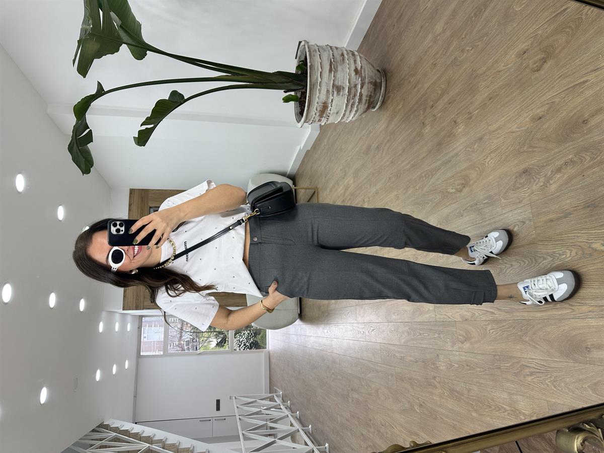 Tasarım Paça Beli Lastikli Likralı Pantolon-Füme