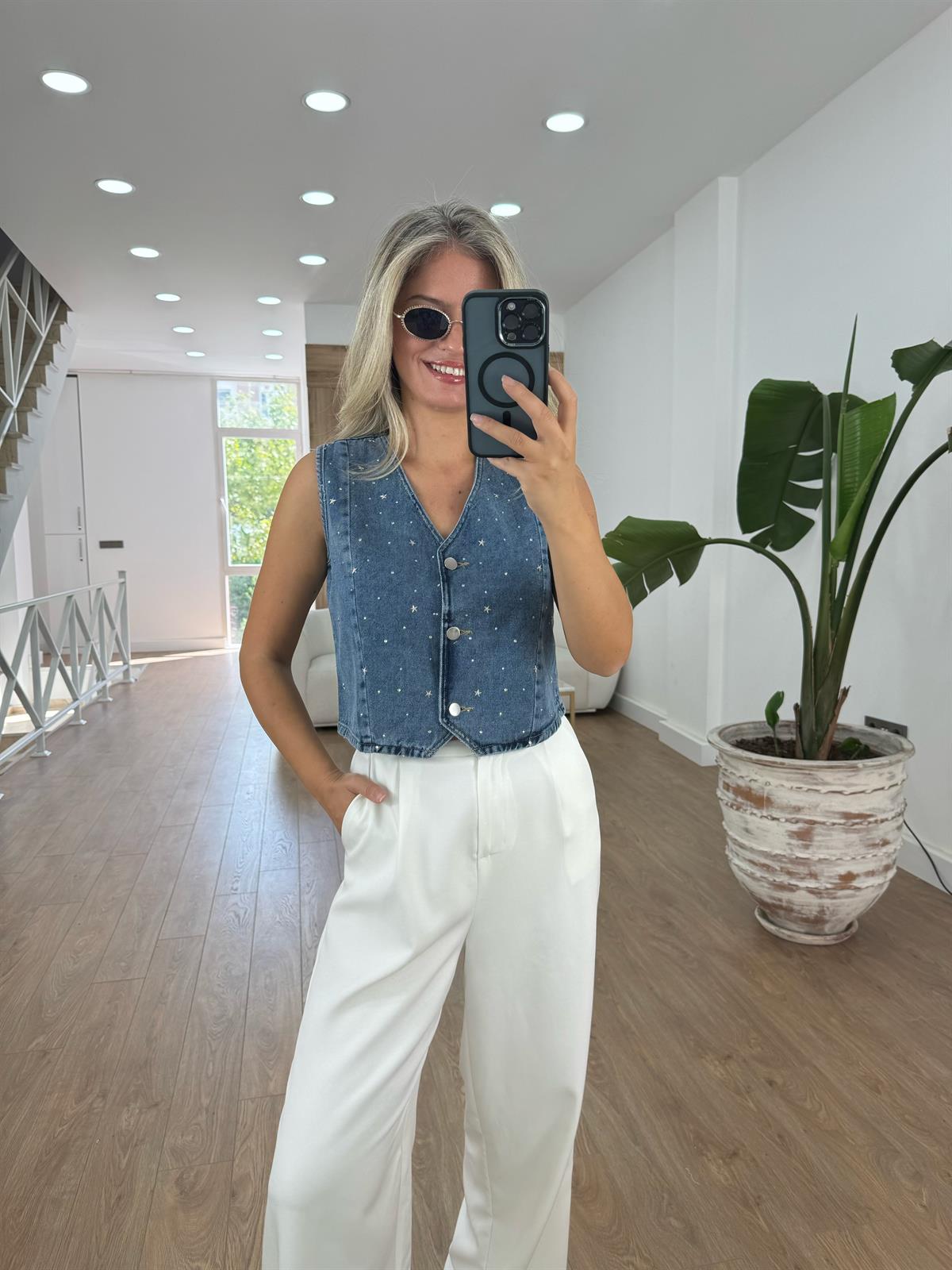 Taşlı Denim Yelek