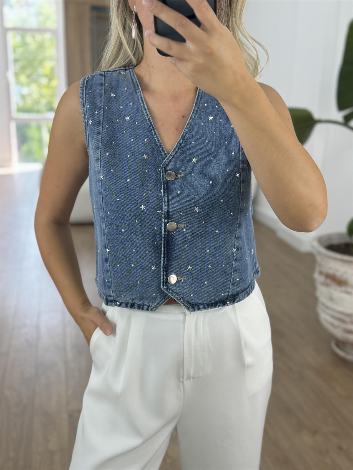 Taşlı Denim Yelek
