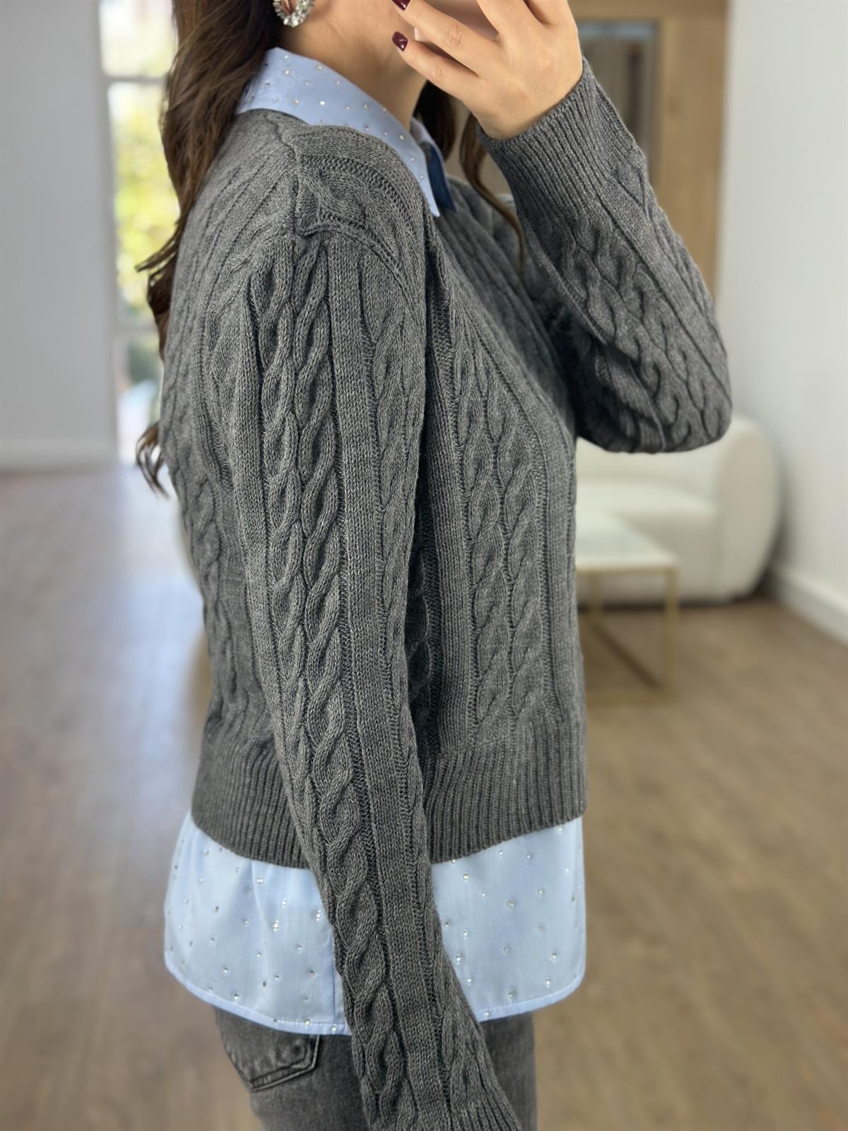 Taşlı Gömlek Garnili Triko Kazak