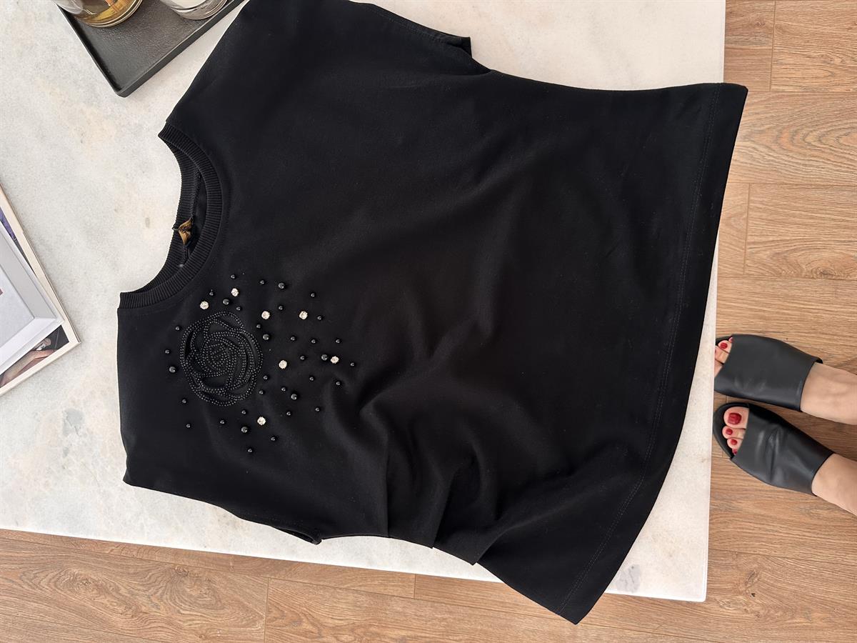 Taşlı Gül Detaylı Vatkalı Bluz