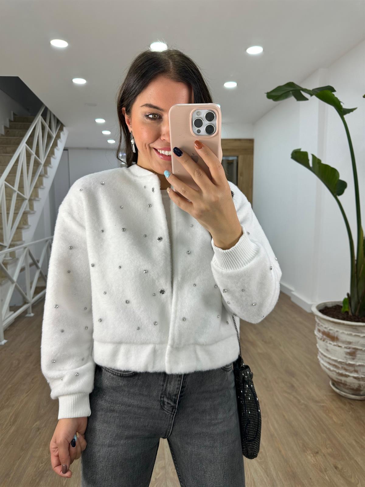 Taşlı Kaşe Ceket-Beyaz