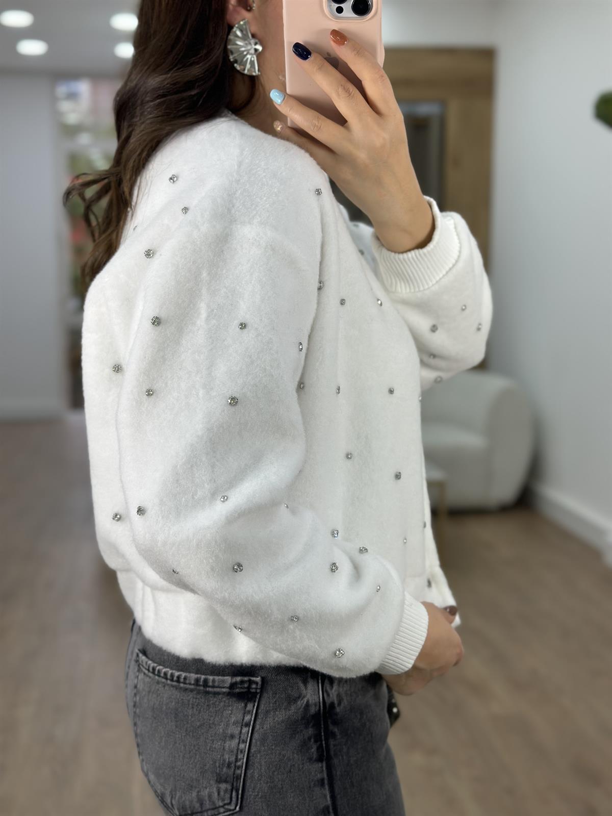 Taşlı Kaşe Ceket-Beyaz