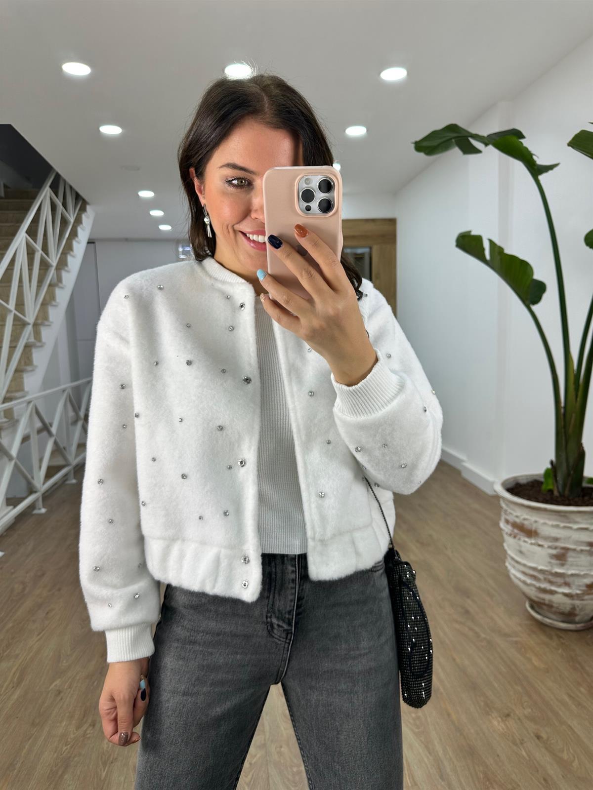 Taşlı Kaşe Ceket-Beyaz