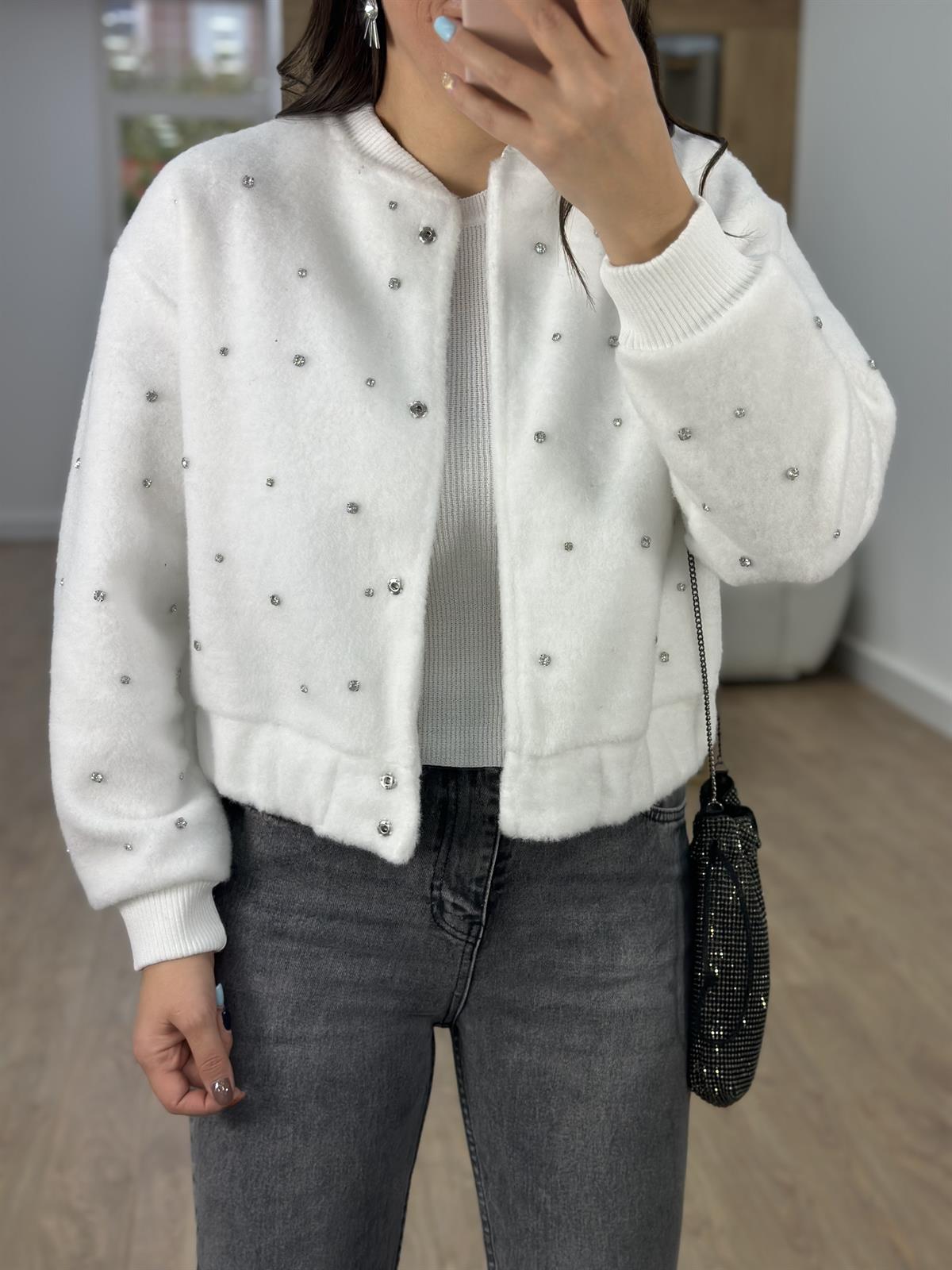 Taşlı Kaşe Ceket-Beyaz