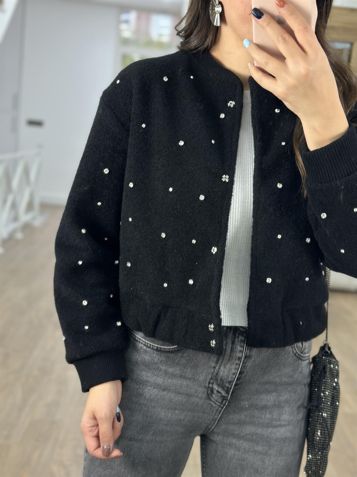 Taşlı Kaşe Ceket-Siyah
