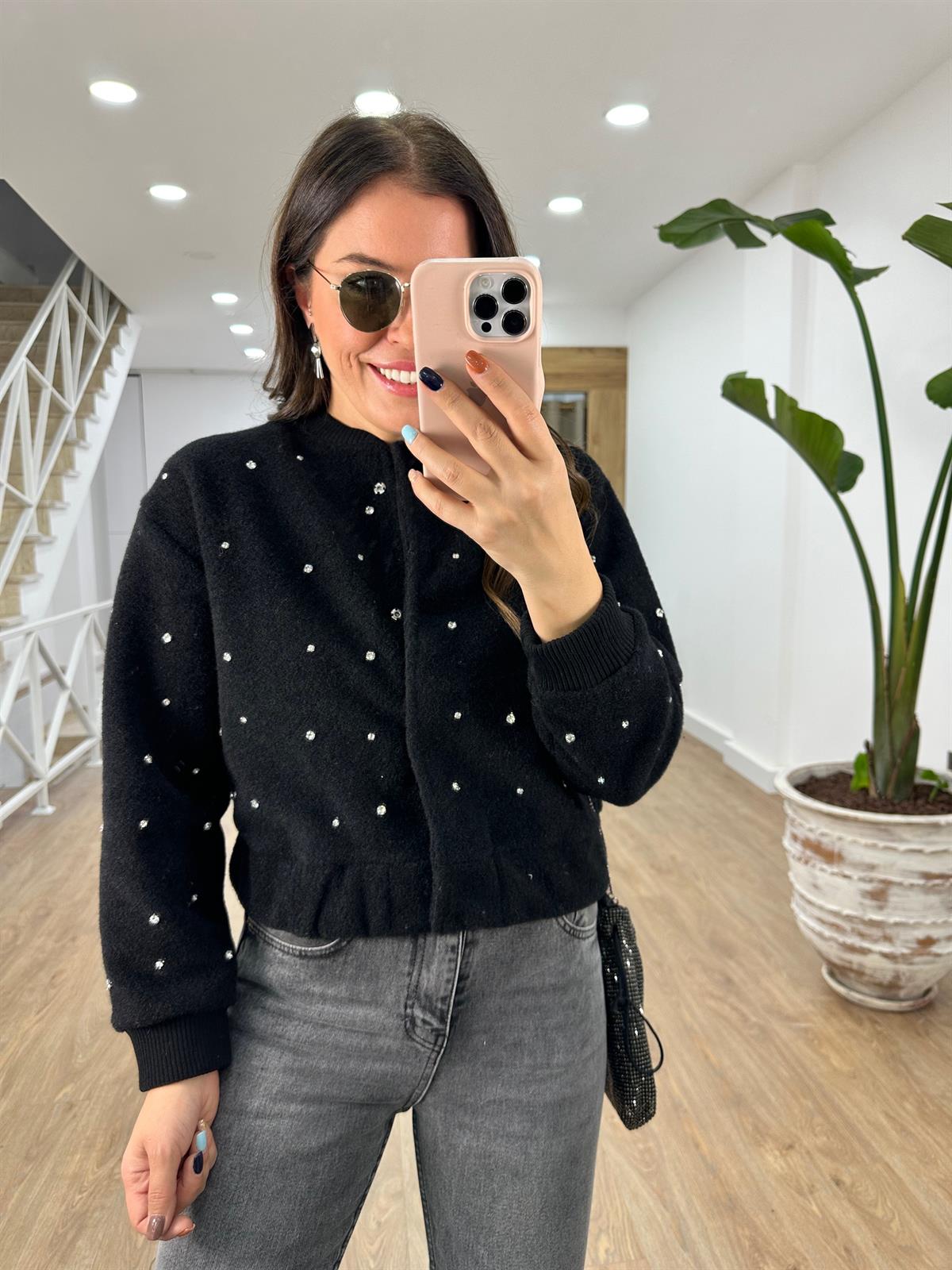 Taşlı Kaşe Ceket-Siyah