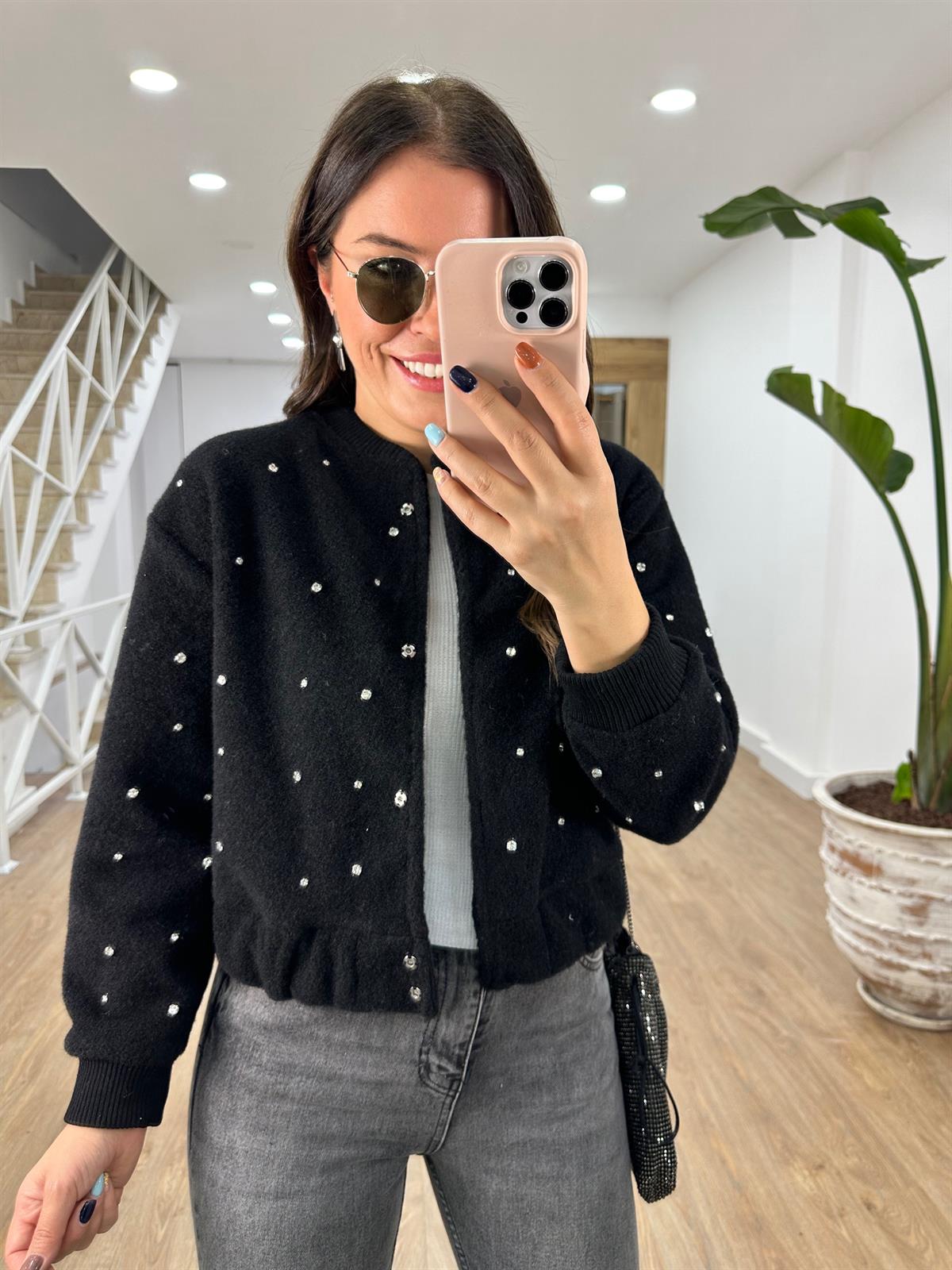 Taşlı Kaşe Ceket-Siyah