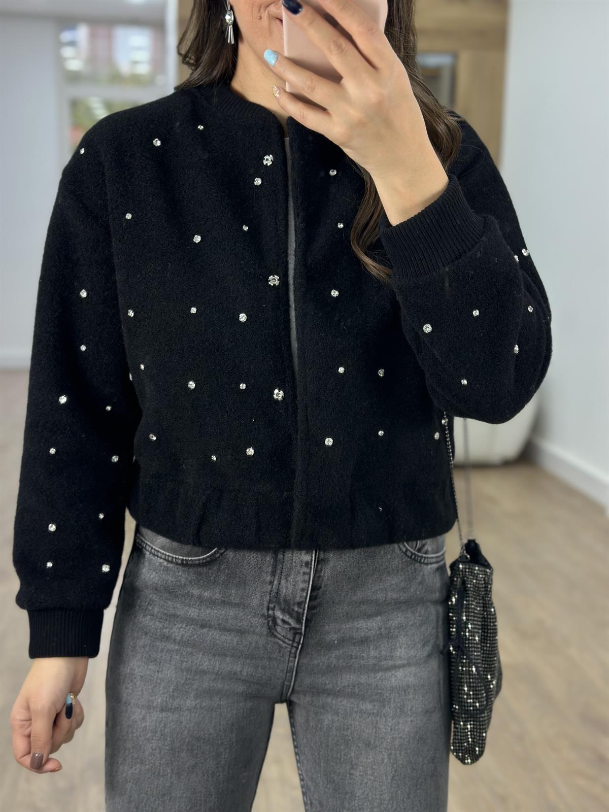 Taşlı Kaşe Ceket-Siyah