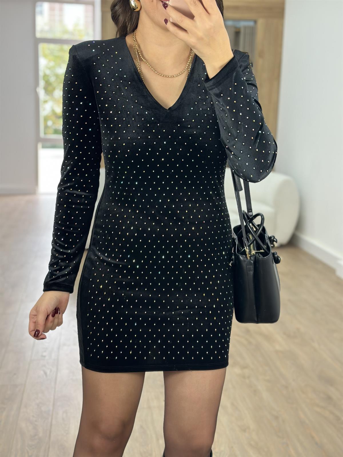 Taşlı Vatkalı Kadife Elbise