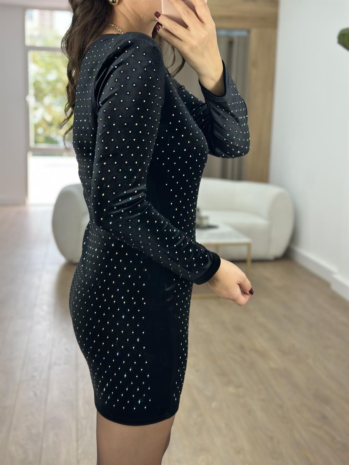 Taşlı Vatkalı Kadife Elbise