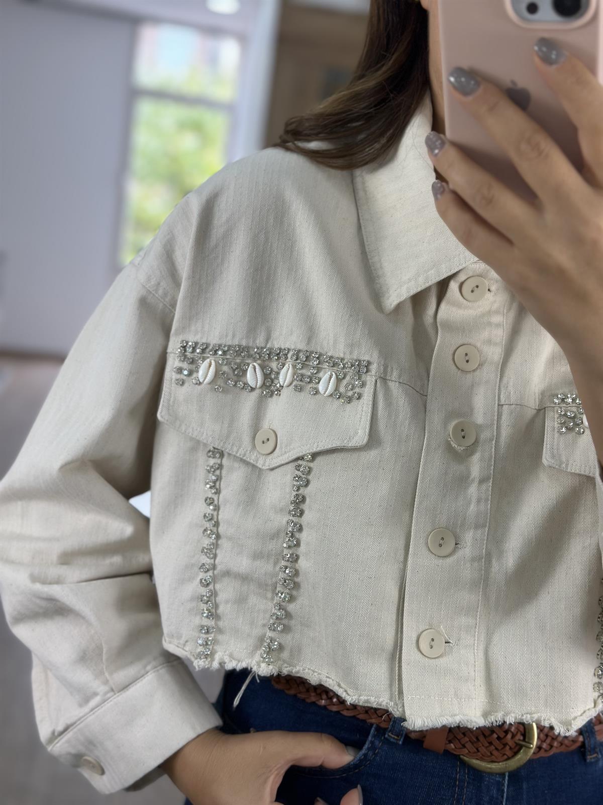 Taşlı Ve Midye Detaylı Gabardin Ceket