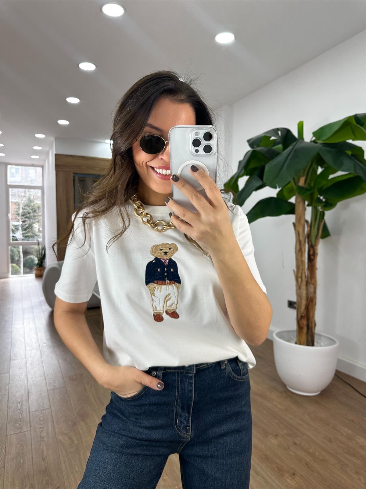 Teddy Baskılı Basic Tshirt - Beyaz