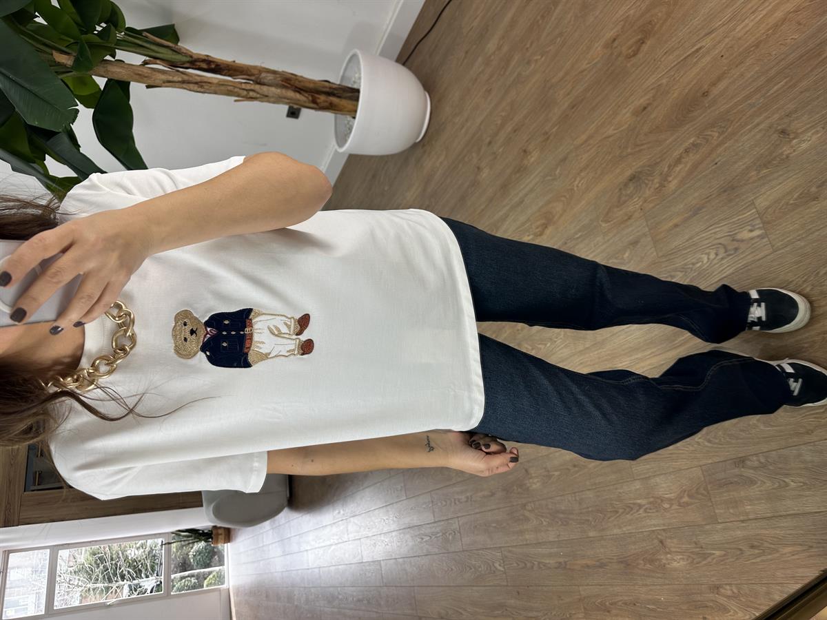 Teddy Baskılı Basic Tshirt - Beyaz