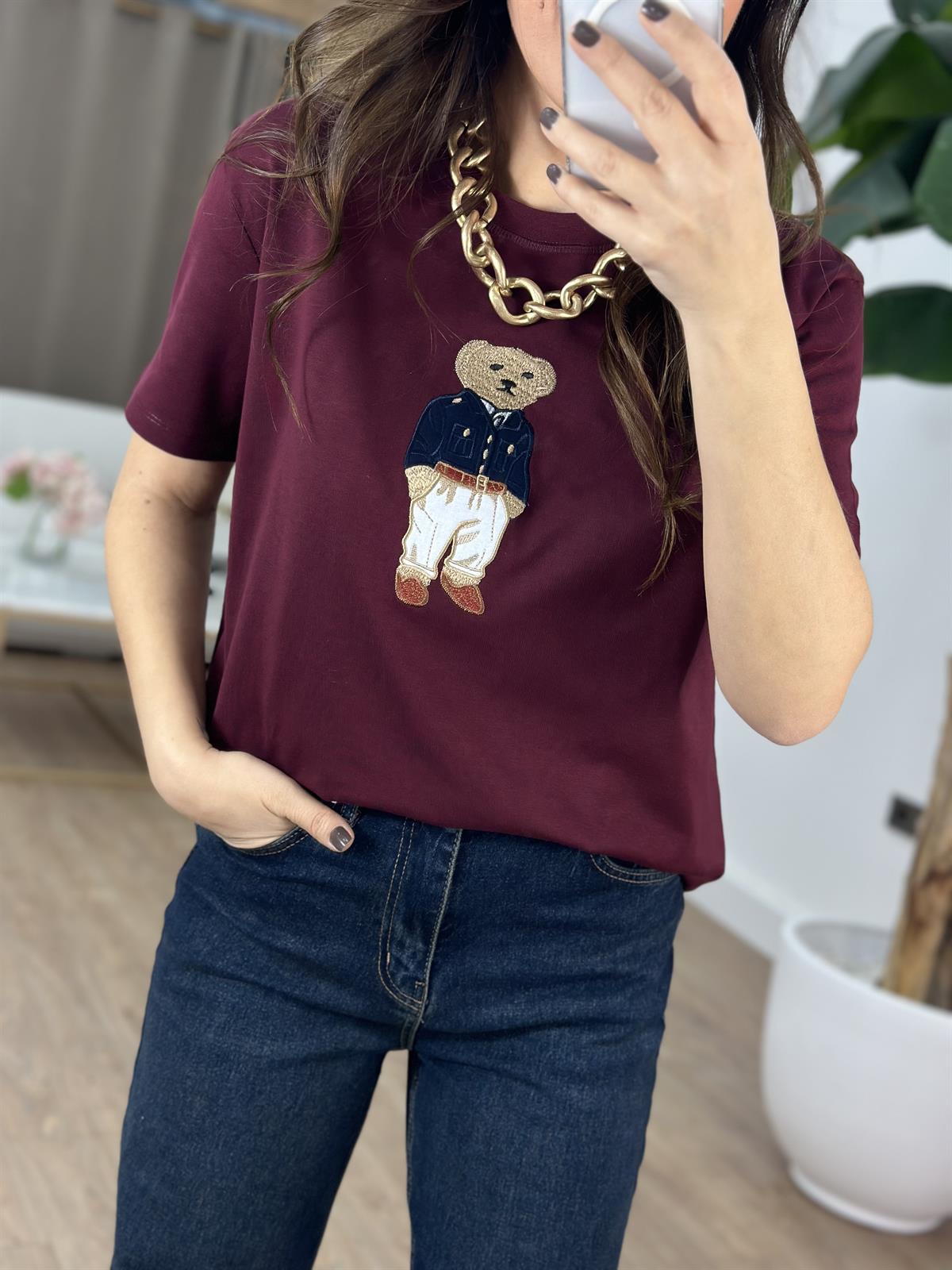 Teddy Baskılı Basic Tshirt - Bordo