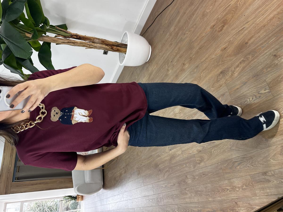 Teddy Baskılı Basic Tshirt - Bordo