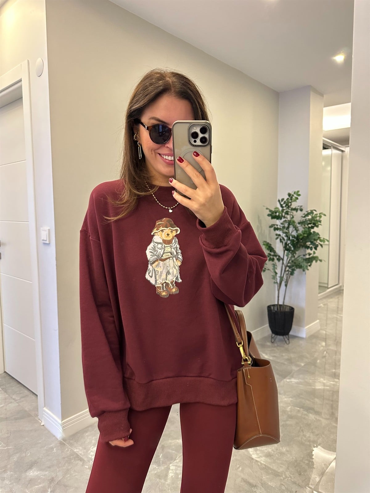 Teddy Baskılı Sweathirt - Bordo