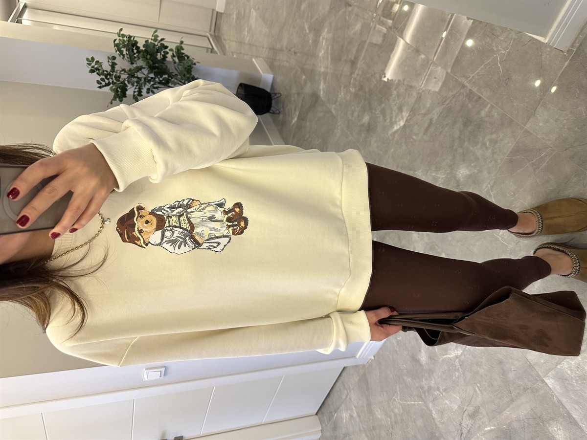 Teddy Baskılı Sweathirt - Ekru