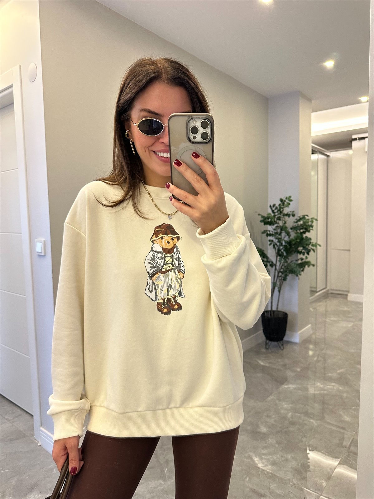 Teddy Baskılı Sweathirt - Ekru