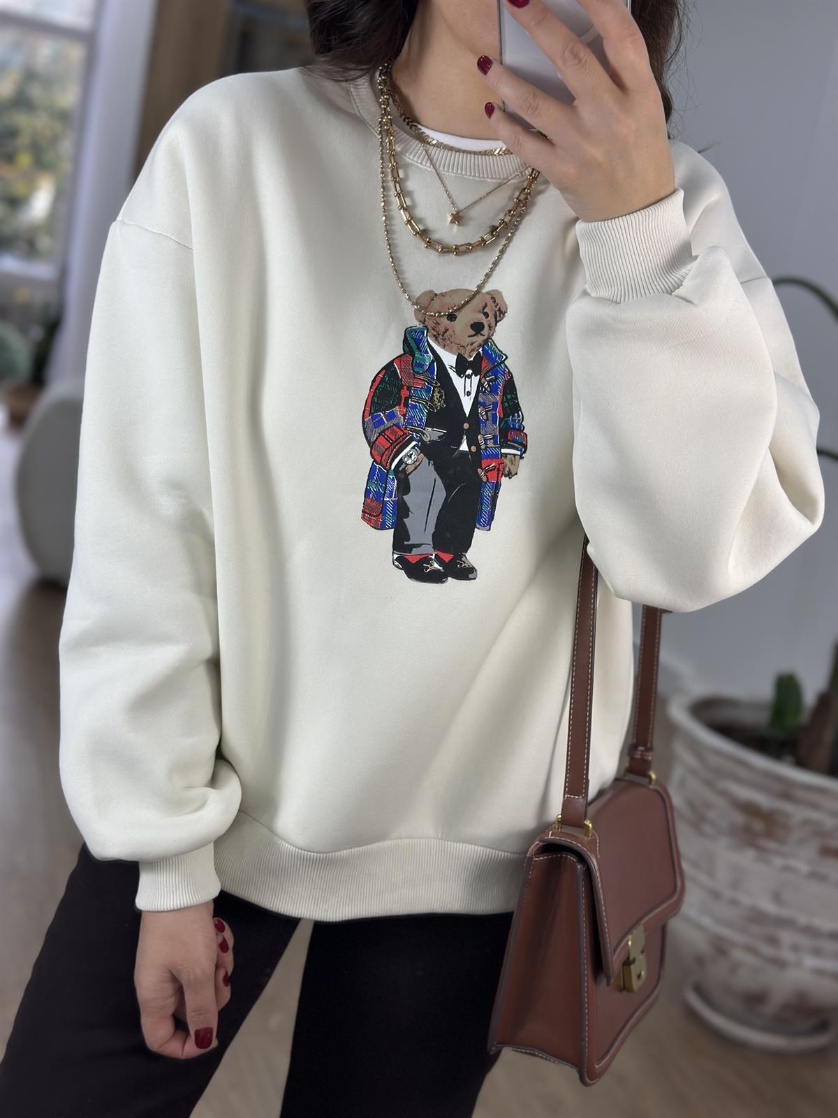 Teddy Baskılı Swetshirt - Ekru