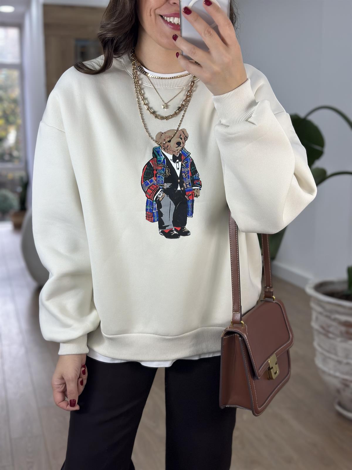 Teddy Baskılı Swetshirt - Ekru