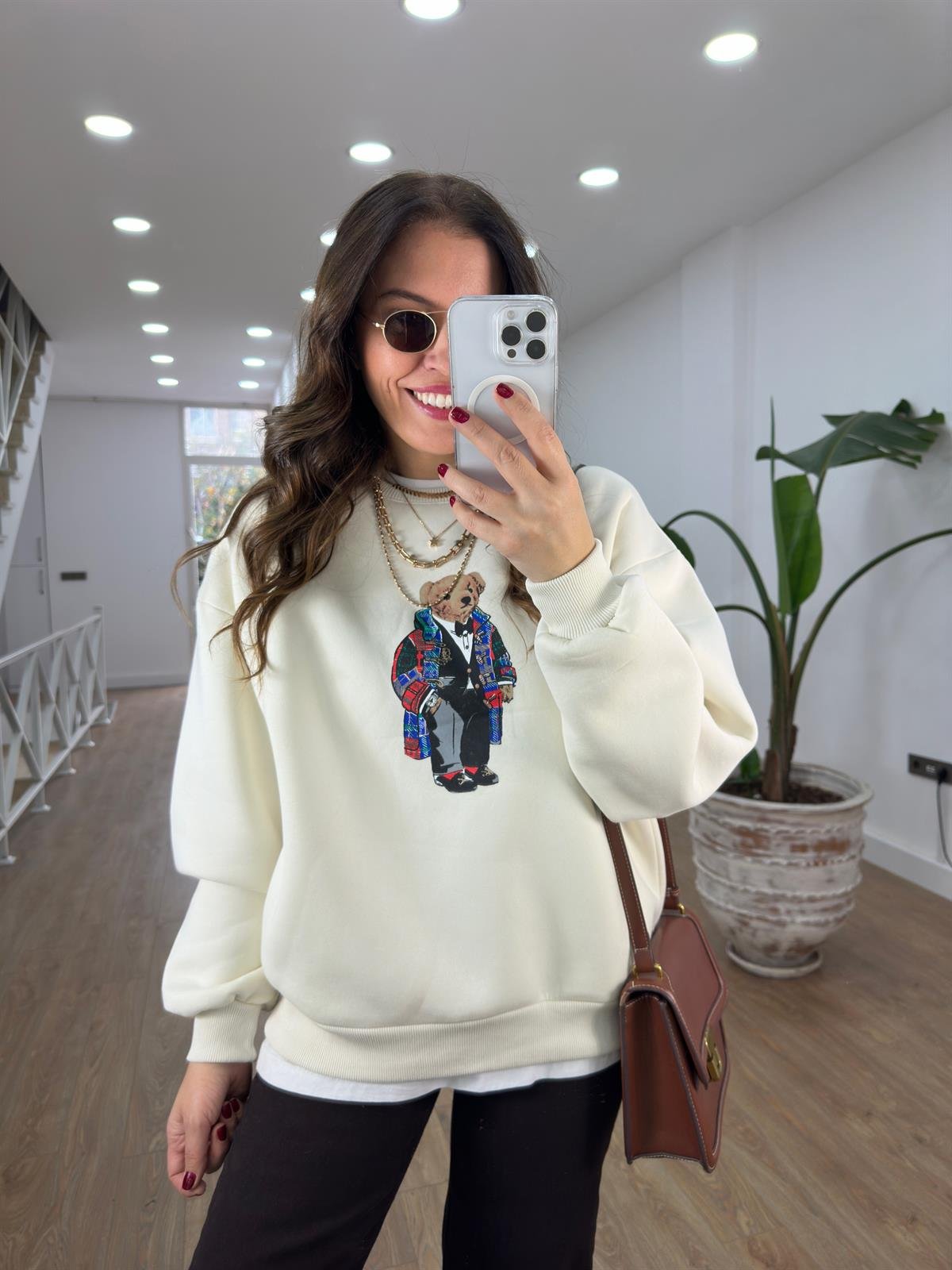 Teddy Baskılı Swetshirt - Ekru