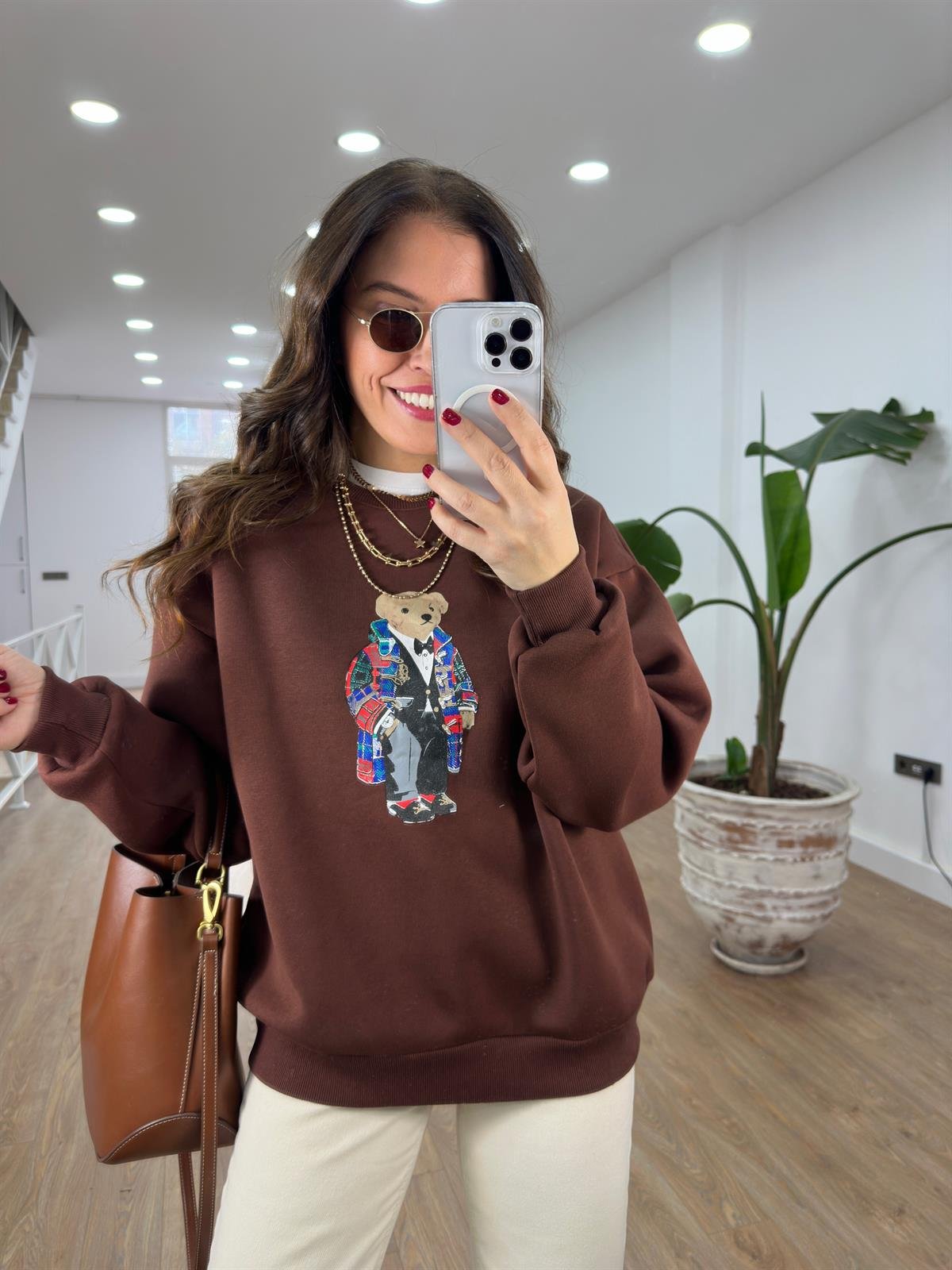 Teddy Baskılı Swetshirt - Kahverengi