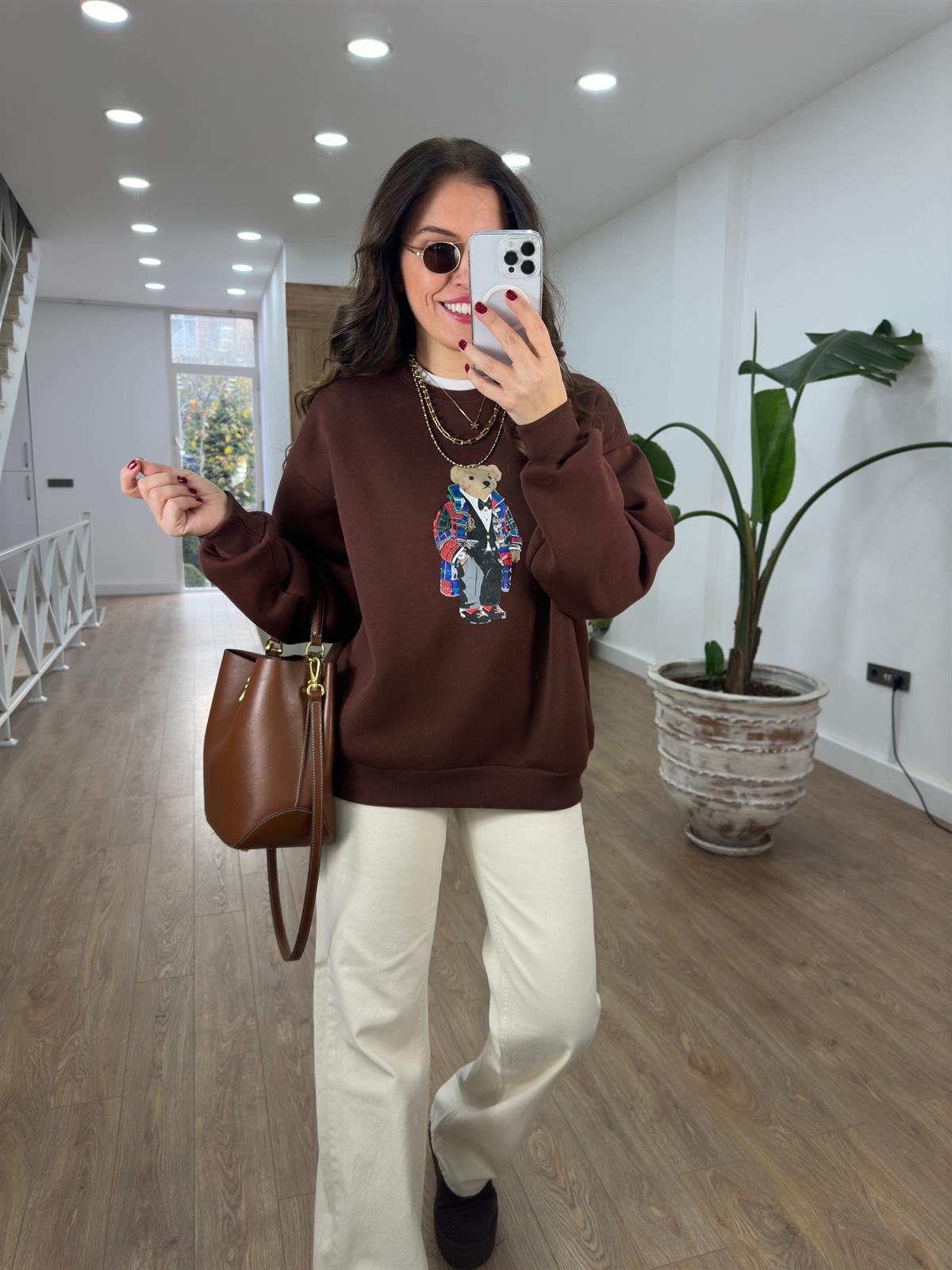 Teddy Baskılı Swetshirt - Kahverengi