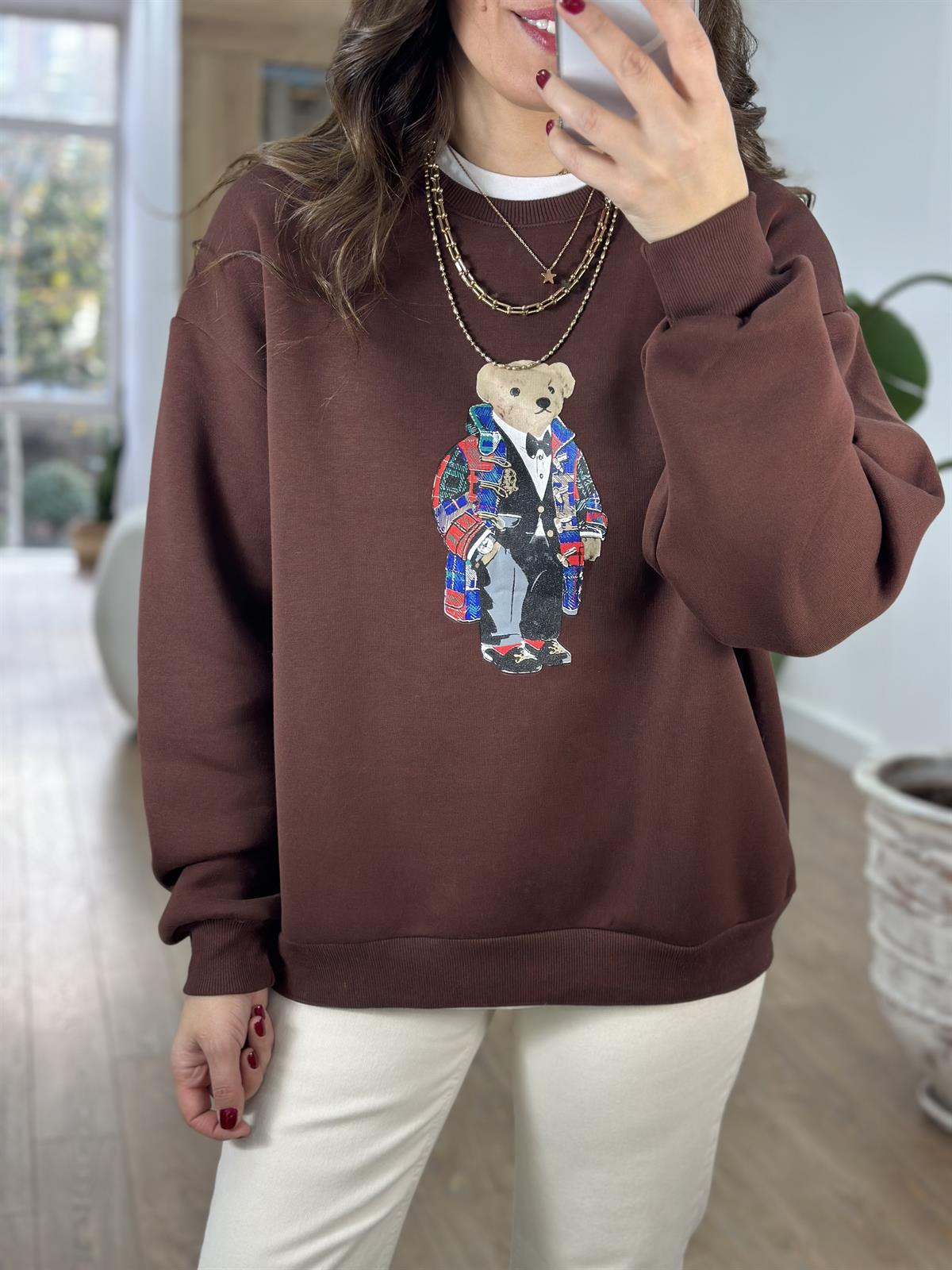 Teddy Baskılı Swetshirt - Kahverengi