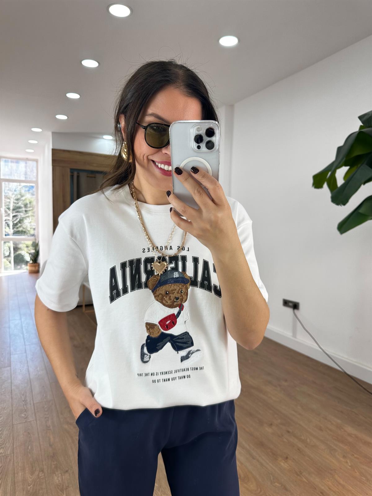 Teddy California Baskılı Basic Tshirt - Beyaz