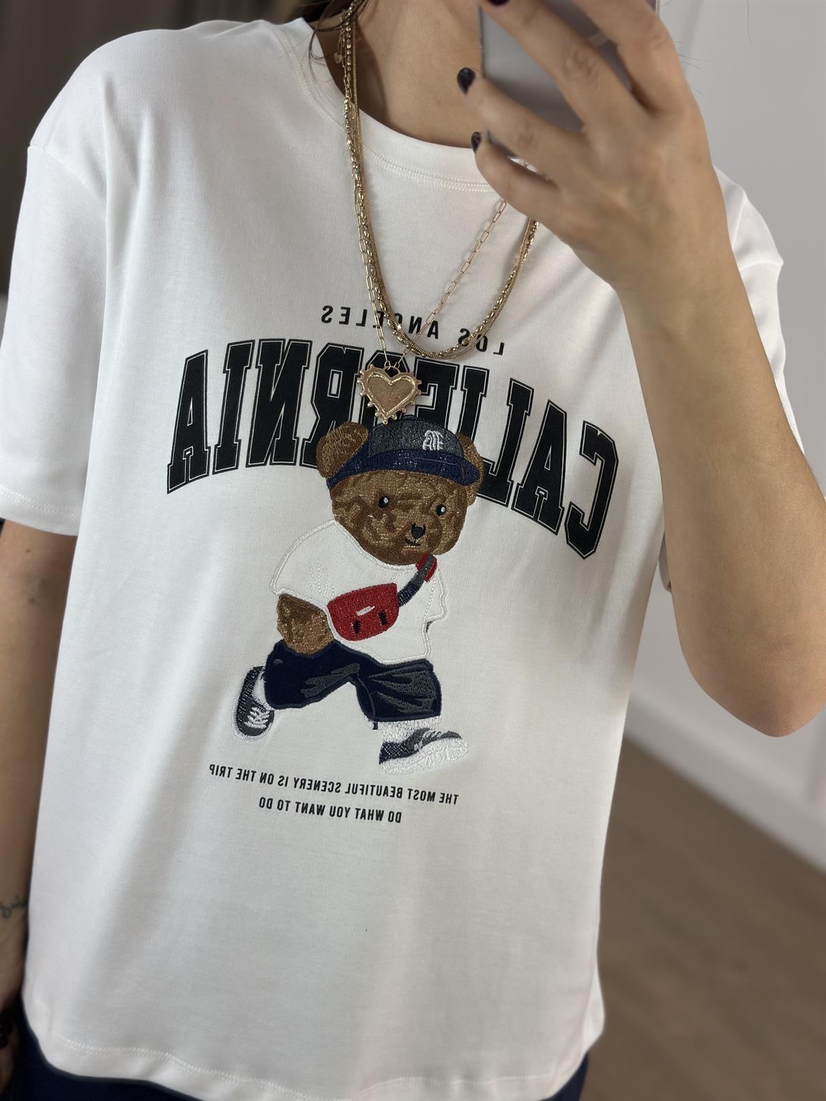 Teddy California Baskılı Basic Tshirt - Beyaz