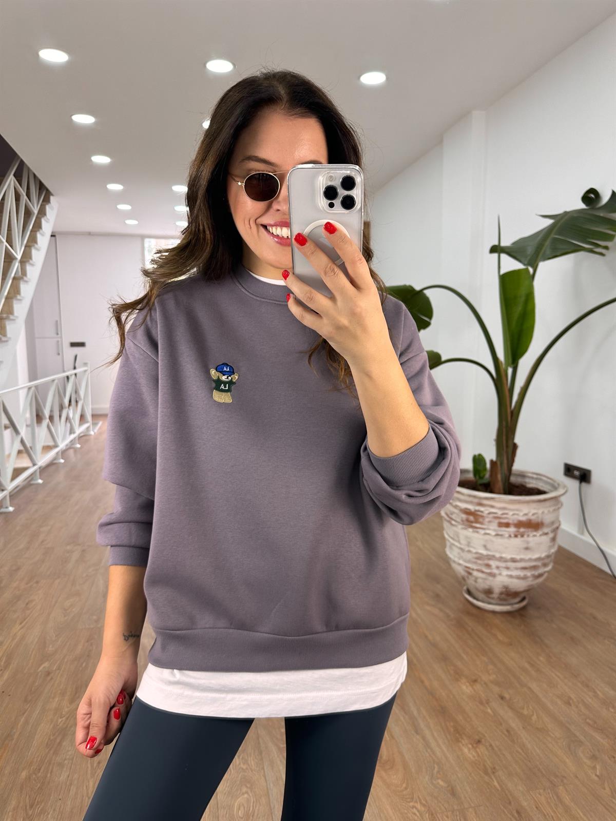 Teddy İşlemeli Şardonlu Swaetshirt - Gri