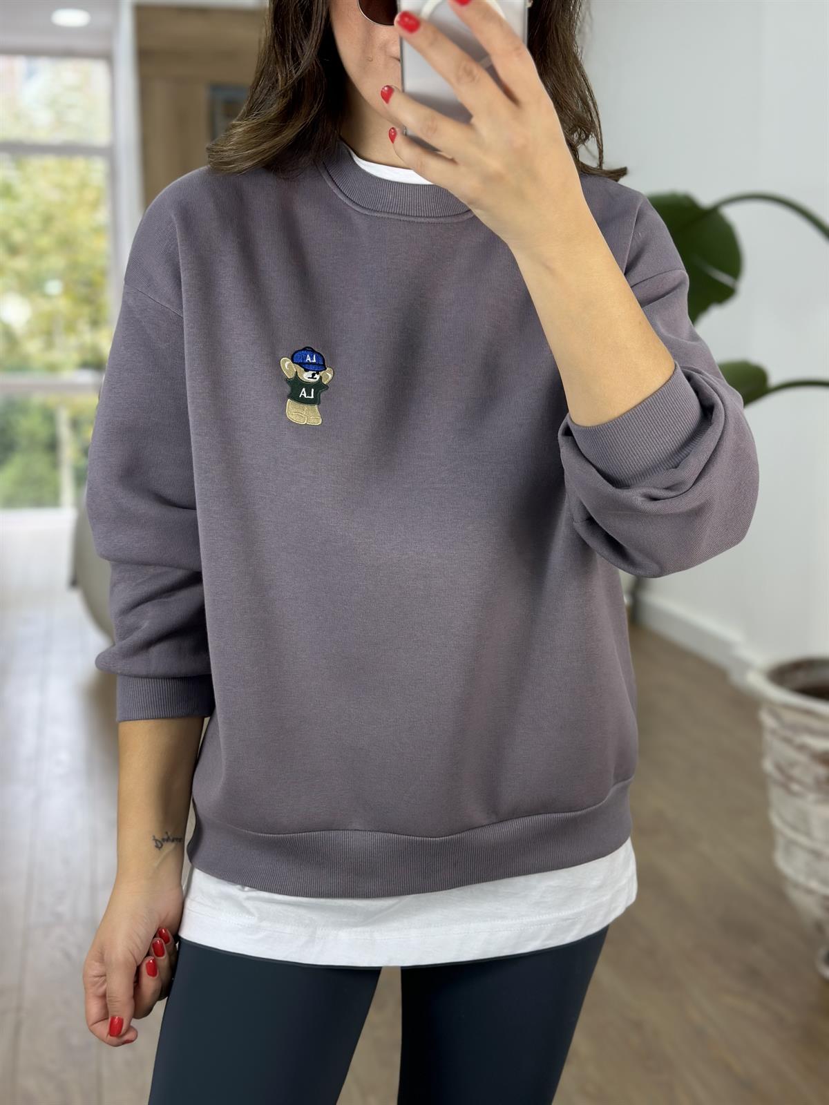 Teddy İşlemeli Şardonlu Swaetshirt - Gri