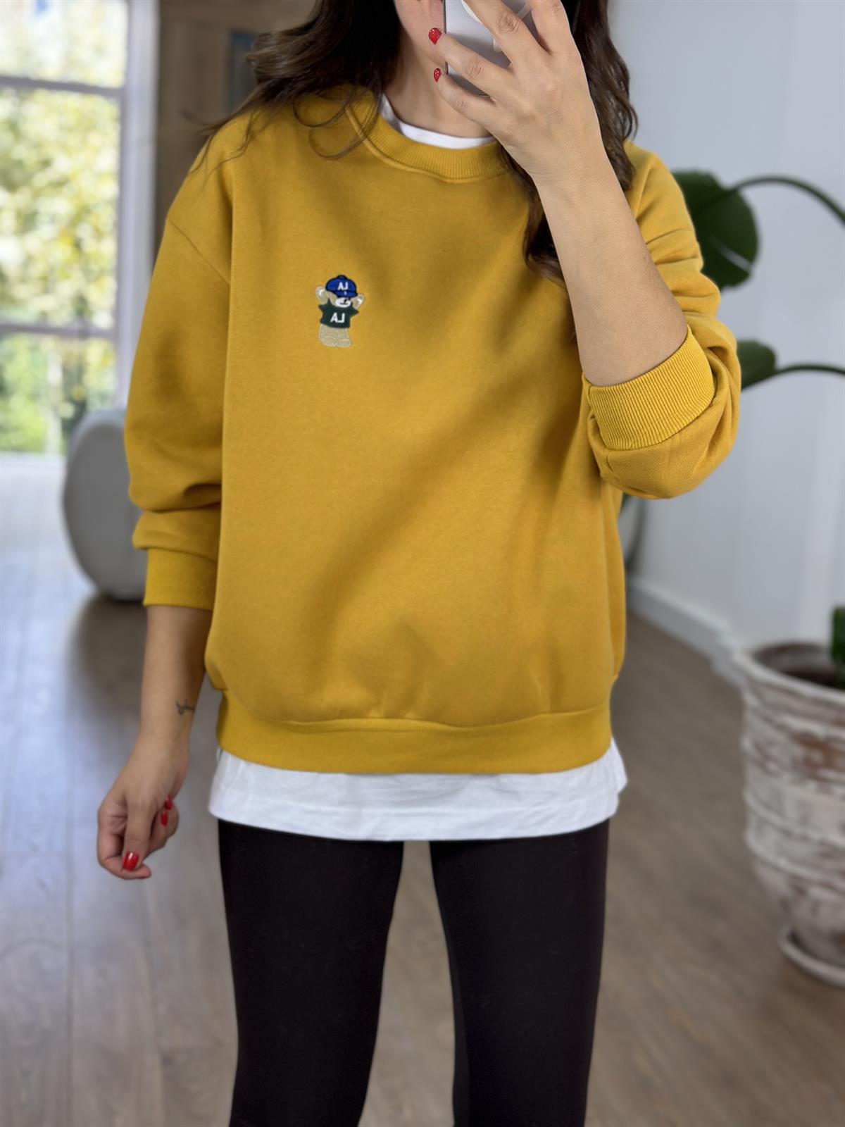Teddy İşlemeli Şardonlu Swaetshirt - Hardal