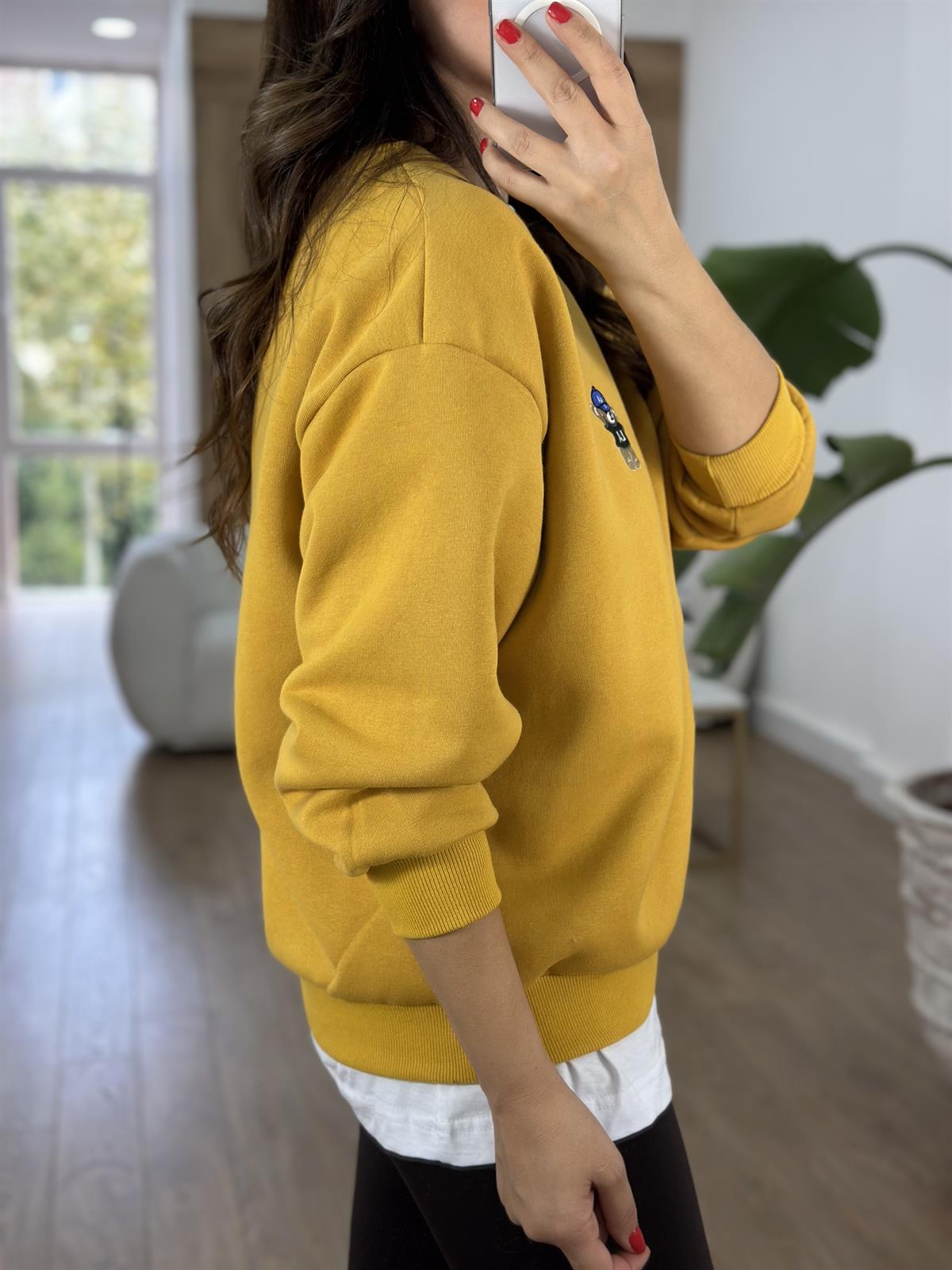 Teddy İşlemeli Şardonlu Swaetshirt - Hardal