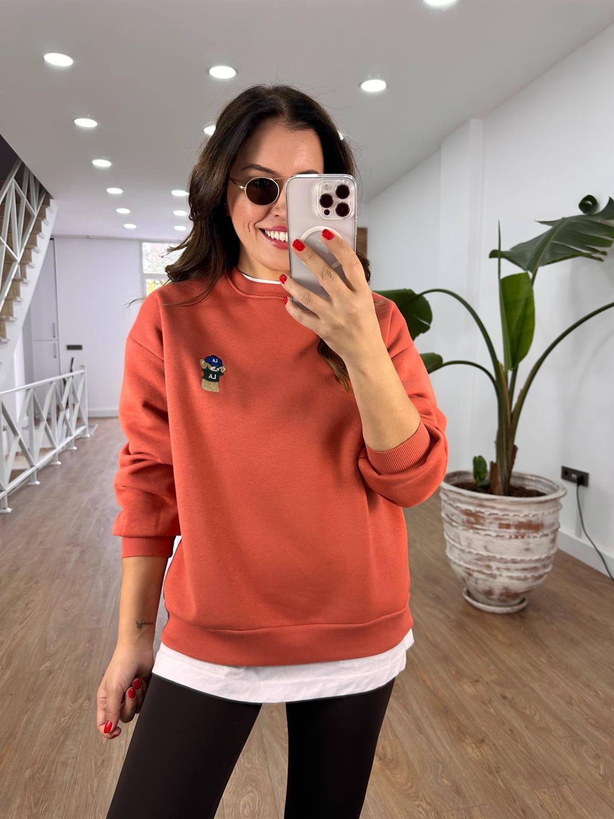 Teddy İşlemeli Şardonlu Swaetshirt - Kiremit